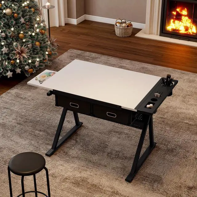 Alt view image 4 of 7 - Height Adjustable Drafting Table with Stool, Drawing Art Desk with 2 Drawers, Artist Table with 75° Tilted Tabletop, Sketching Painting Crafting Artwork Station for Home Office School, Black+White