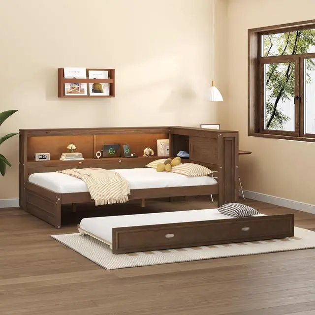 Main image of Full Size Wood Daybed with Trundle Bed,Platform Daybed Frame with LED and USB Charging Port,Floor Corner Bed Frame with Bookcase and Storage Shelves,Wood
