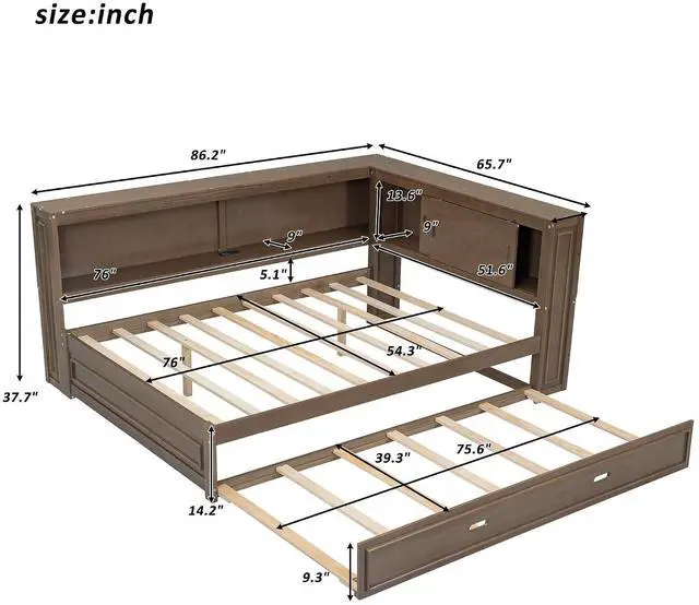 Alt view image 2 of 7 - Full Size Wood Daybed with Trundle Bed,Platform Daybed Frame with LED and USB Charging Port,Floor Corner Bed Frame with Bookcase and Storage Shelves,Wood