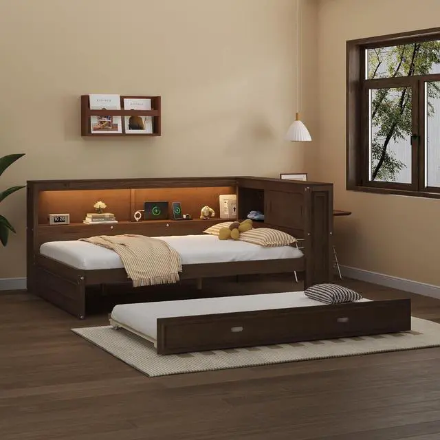 Alt view image 3 of 7 - Full Size Wood Daybed with Trundle Bed,Platform Daybed Frame with LED and USB Charging Port,Floor Corner Bed Frame with Bookcase and Storage Shelves,Wood