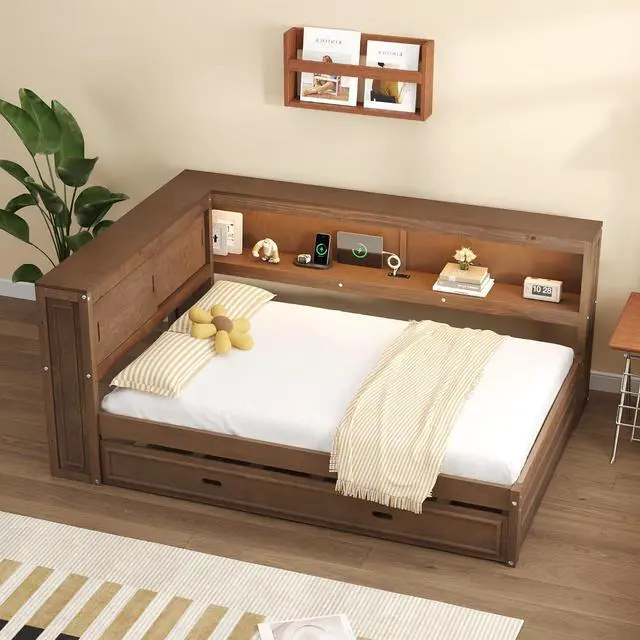 Alt view image 4 of 7 - Full Size Wood Daybed with Trundle Bed,Platform Daybed Frame with LED and USB Charging Port,Floor Corner Bed Frame with Bookcase and Storage Shelves,Wood