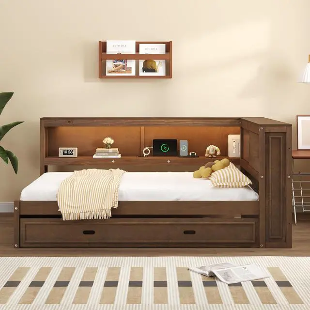 Alt view image 5 of 7 - Full Size Wood Daybed with Trundle Bed,Platform Daybed Frame with LED and USB Charging Port,Floor Corner Bed Frame with Bookcase and Storage Shelves,Wood