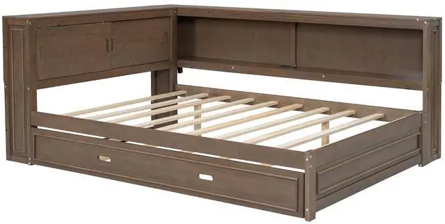 Alt view image 6 of 7 - Full Size Wood Daybed with Trundle Bed,Platform Daybed Frame with LED and USB Charging Port,Floor Corner Bed Frame with Bookcase and Storage Shelves,Wood