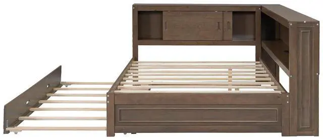 Alt view image 7 of 7 - Full Size Wood Daybed with Trundle Bed,Platform Daybed Frame with LED and USB Charging Port,Floor Corner Bed Frame with Bookcase and Storage Shelves,Wood