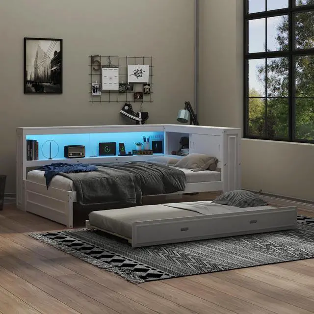 Main image of Full Size Wood Daybed with Trundle Bed,Platform Daybed Frame with LED and USB Charging Port,Floor Corner Bed Frame with Bookcase and Storage Shelves,White