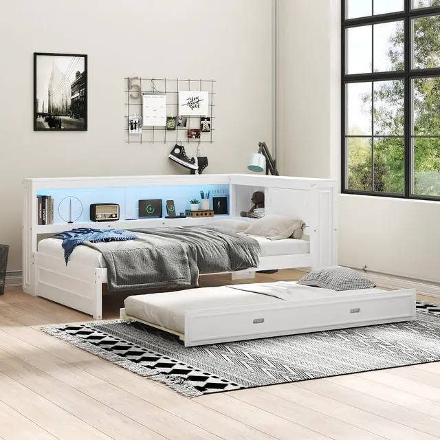 Alt view image 3 of 7 - Full Size Wood Daybed with Trundle Bed,Platform Daybed Frame with LED and USB Charging Port,Floor Corner Bed Frame with Bookcase and Storage Shelves,White