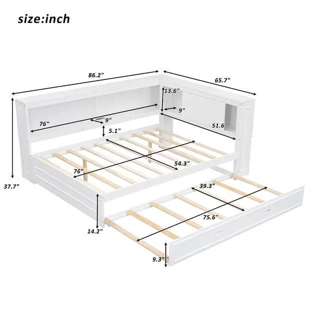 Alt view image 2 of 7 - Full Size Wood Daybed with Trundle Bed,Platform Daybed Frame with LED and USB Charging Port,Floor Corner Bed Frame with Bookcase and Storage Shelves,White