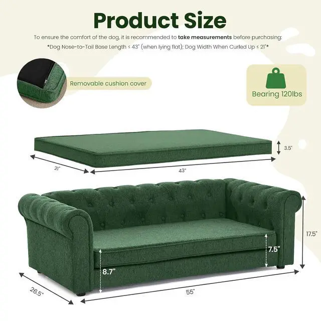 Alt view image 2 of 7 - Elevated XL Large Dog Sofa with Backrest and Armrests, 55" Button Tufted Dog Couch Bed with Soft Cushion for Large Dogs, Stylish Lounging Bed Pet Couch Chair, 120Lbs Weight Capacity, Olive Green