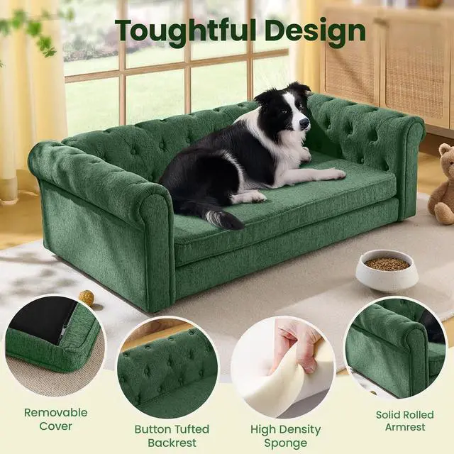 Alt view image 4 of 7 - Elevated XL Large Dog Sofa with Backrest and Armrests, 55" Button Tufted Dog Couch Bed with Soft Cushion for Large Dogs, Stylish Lounging Bed Pet Couch Chair, 120Lbs Weight Capacity, Olive Green