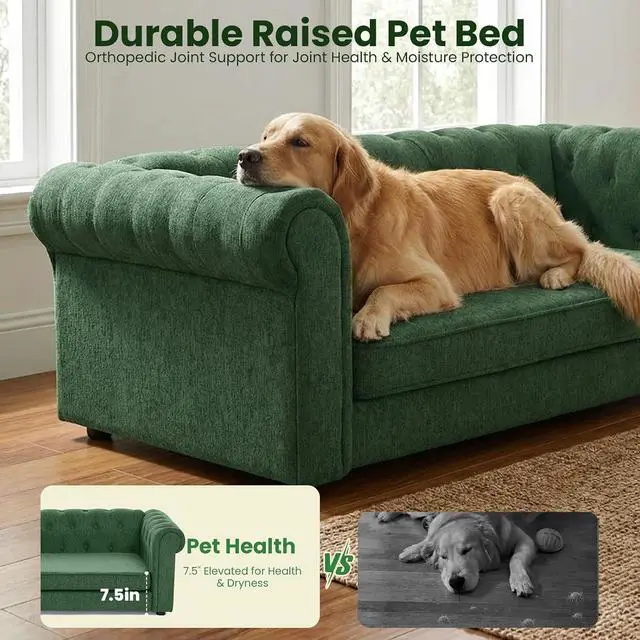 Alt view image 6 of 7 - Elevated XL Large Dog Sofa with Backrest and Armrests, 55" Button Tufted Dog Couch Bed with Soft Cushion for Large Dogs, Stylish Lounging Bed Pet Couch Chair, 120Lbs Weight Capacity, Olive Green
