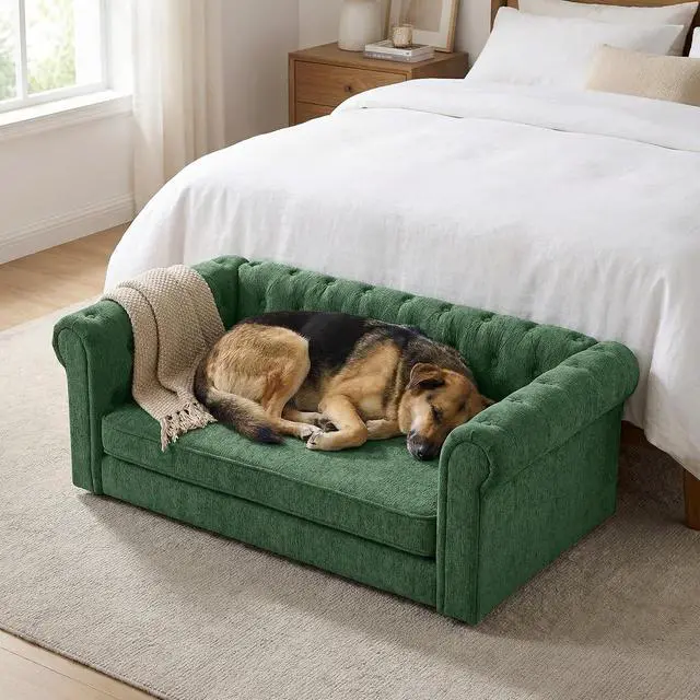 Alt view image 7 of 7 - Elevated XL Large Dog Sofa with Backrest and Armrests, 55" Button Tufted Dog Couch Bed with Soft Cushion for Large Dogs, Stylish Lounging Bed Pet Couch Chair, 120Lbs Weight Capacity, Olive Green