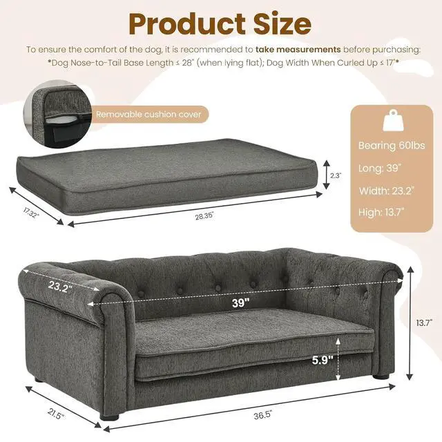 Alt view image 2 of 7 - Elevated Dog Sofa with Backrest and Armrests, Button Tufted Dog Couch Bed with Soft Cushion for Medium Dogs, Stylish Lounging Bed Pet Couch Chair, 60Lbs Weight Capacity, Dark Gray