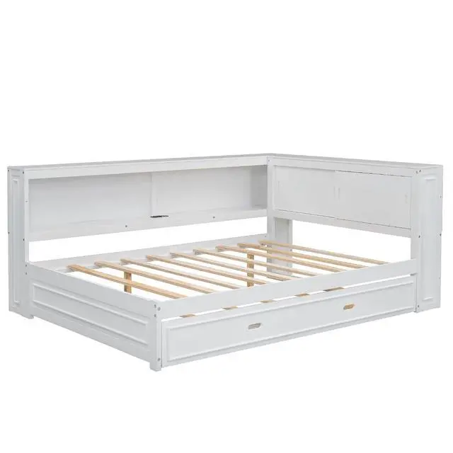 Alt view image 7 of 7 - Full Size Wood Daybed with Trundle Bed,Platform Daybed Frame with LED and USB Charging Port,Floor Corner Bed Frame with Bookcase and Storage Shelves,White