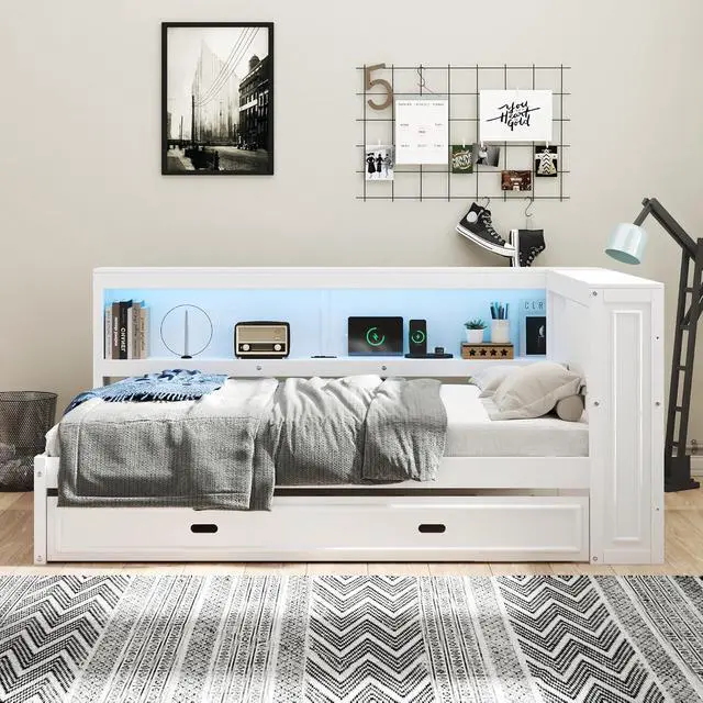 Alt view image 5 of 7 - Full Size Wood Daybed with Trundle Bed,Platform Daybed Frame with LED and USB Charging Port,Floor Corner Bed Frame with Bookcase and Storage Shelves,White