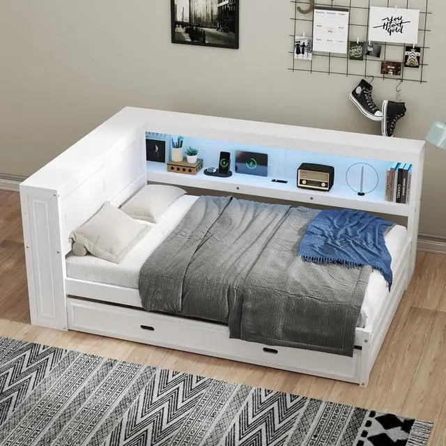 Alt view image 4 of 7 - Full Size Wood Daybed with Trundle Bed,Platform Daybed Frame with LED and USB Charging Port,Floor Corner Bed Frame with Bookcase and Storage Shelves,White