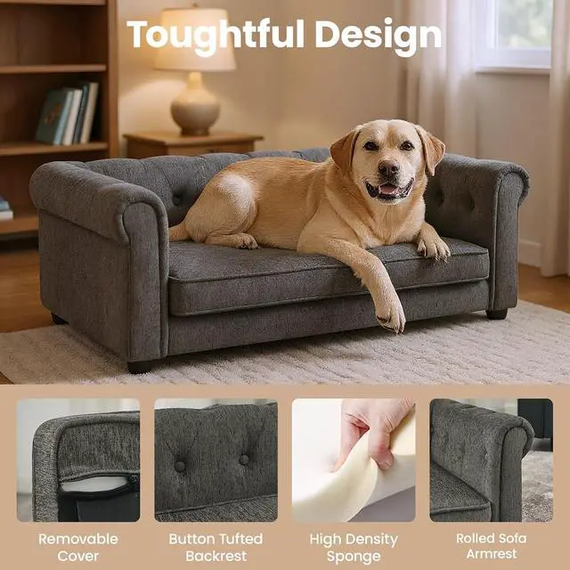 Alt view image 3 of 7 - Elevated Dog Sofa with Backrest and Armrests, Button Tufted Dog Couch Bed with Soft Cushion for Medium Dogs, Stylish Lounging Bed Pet Couch Chair, 60Lbs Weight Capacity, Dark Gray
