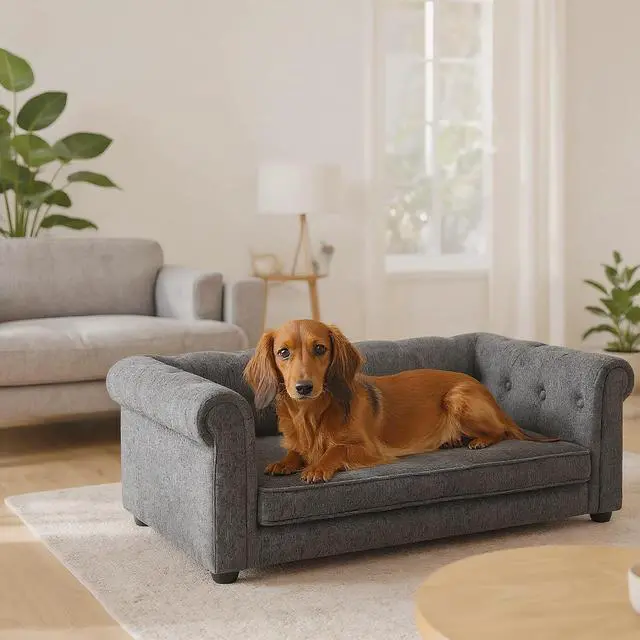 Alt view image 6 of 7 - Elevated Dog Sofa with Backrest and Armrests, Button Tufted Dog Couch Bed with Soft Cushion for Medium Dogs, Stylish Lounging Bed Pet Couch Chair, 60Lbs Weight Capacity, Dark Gray