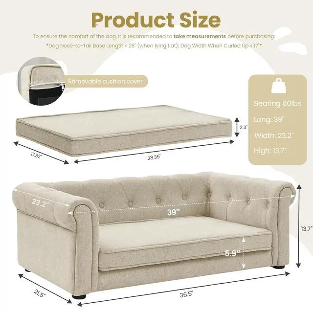 Alt view image 2 of 7 - Elevated Dog Sofa with Backrest and Armrests, Button Tufted Dog Couch Bed with Soft Cushion for Medium Dogs, Stylish Lounging Bed Pet Couch Chair, 60Lbs Weight Capacity, Beige