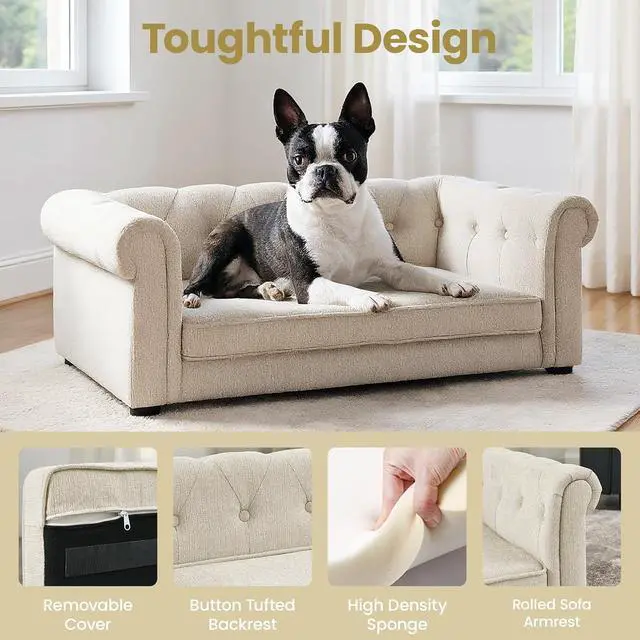 Alt view image 3 of 7 - Elevated Dog Sofa with Backrest and Armrests, Button Tufted Dog Couch Bed with Soft Cushion for Medium Dogs, Stylish Lounging Bed Pet Couch Chair, 60Lbs Weight Capacity, Beige