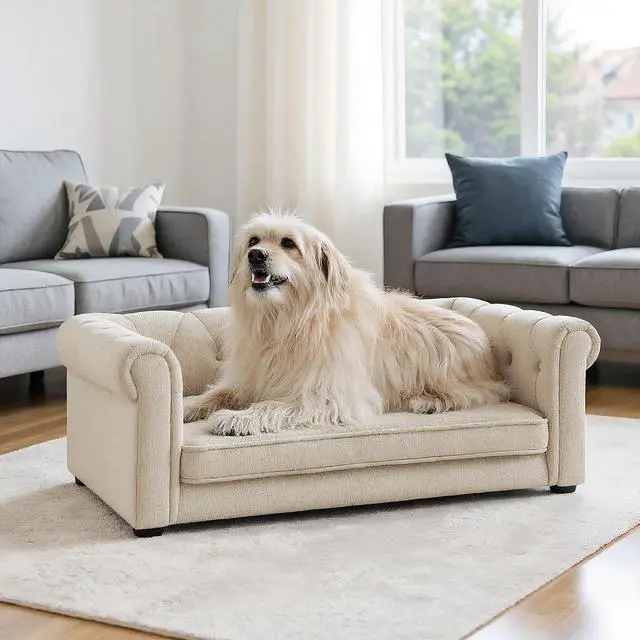 Alt view image 5 of 7 - Elevated Dog Sofa with Backrest and Armrests, Button Tufted Dog Couch Bed with Soft Cushion for Medium Dogs, Stylish Lounging Bed Pet Couch Chair, 60Lbs Weight Capacity, Beige