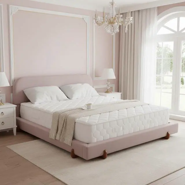 Main image of King Size Bed with Oversized Bed Frame, Chenille Upholstered Bedframe with Stylish Solid Wood Legs, Luxury Double Bed with 12 Wooden Slats, Cushioned Bedroom Furniture, Noise-Free, Pink