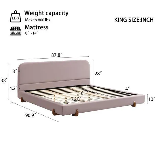 Alt view image 2 of 7 - King Size Bed with Oversized Bed Frame, Chenille Upholstered Bedframe with Stylish Solid Wood Legs, Luxury Double Bed with 12 Wooden Slats, Cushioned Bedroom Furniture, Noise-Free, Pink