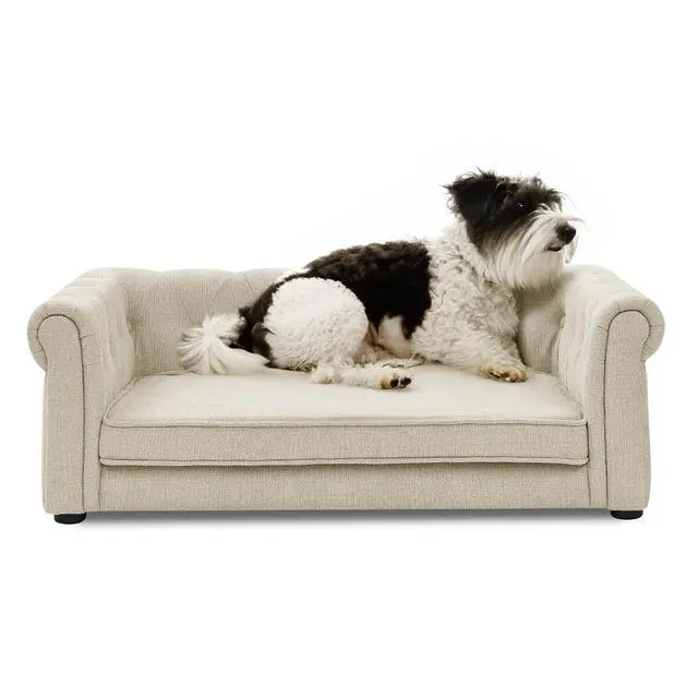 Alt view image 6 of 7 - Elevated Dog Sofa with Backrest and Armrests, Button Tufted Dog Couch Bed with Soft Cushion for Medium Dogs, Stylish Lounging Bed Pet Couch Chair, 60Lbs Weight Capacity, Beige