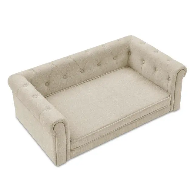 Alt view image 7 of 7 - Elevated Dog Sofa with Backrest and Armrests, Button Tufted Dog Couch Bed with Soft Cushion for Medium Dogs, Stylish Lounging Bed Pet Couch Chair, 60Lbs Weight Capacity, Beige