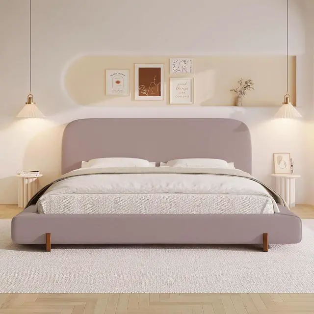 Alt view image 3 of 7 - King Size Bed with Oversized Bed Frame, Chenille Upholstered Bedframe with Stylish Solid Wood Legs, Luxury Double Bed with 12 Wooden Slats, Cushioned Bedroom Furniture, Noise-Free, Pink