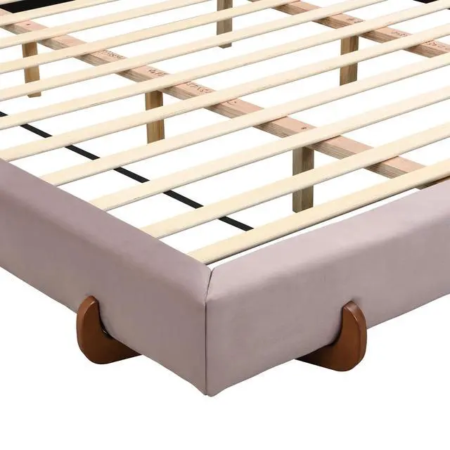 Alt view image 4 of 7 - King Size Bed with Oversized Bed Frame, Chenille Upholstered Bedframe with Stylish Solid Wood Legs, Luxury Double Bed with 12 Wooden Slats, Cushioned Bedroom Furniture, Noise-Free, Pink