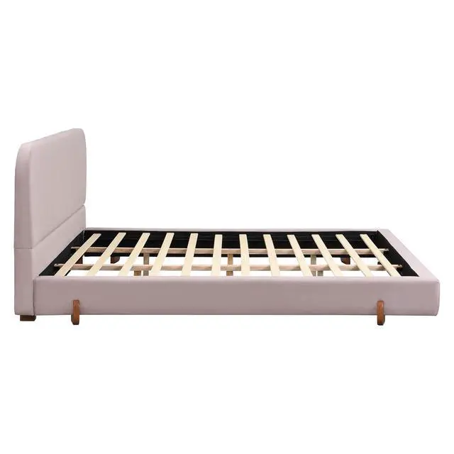 Alt view image 6 of 7 - King Size Bed with Oversized Bed Frame, Chenille Upholstered Bedframe with Stylish Solid Wood Legs, Luxury Double Bed with 12 Wooden Slats, Cushioned Bedroom Furniture, Noise-Free, Pink