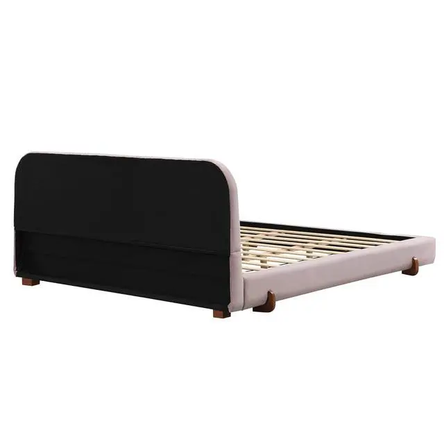Alt view image 7 of 7 - King Size Bed with Oversized Bed Frame, Chenille Upholstered Bedframe with Stylish Solid Wood Legs, Luxury Double Bed with 12 Wooden Slats, Cushioned Bedroom Furniture, Noise-Free, Pink
