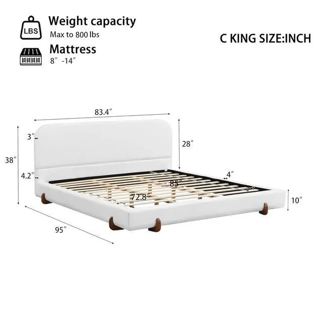 Alt view image 2 of 7 - California King Bed with Oversized Bed Frame, Chenille Upholstered Bedframe with Stylish Solid Wood Legs, Luxury Double Bed with 12 Wooden Slats, Cushioned Bedroom Furniture, Noise-free, White