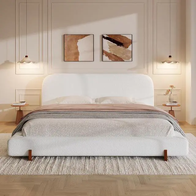 Alt view image 3 of 7 - California King Bed with Oversized Bed Frame, Chenille Upholstered Bedframe with Stylish Solid Wood Legs, Luxury Double Bed with 12 Wooden Slats, Cushioned Bedroom Furniture, Noise-free, White