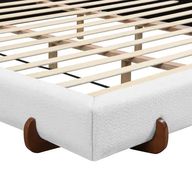 Alt view image 5 of 7 - California King Bed with Oversized Bed Frame, Chenille Upholstered Bedframe with Stylish Solid Wood Legs, Luxury Double Bed with 12 Wooden Slats, Cushioned Bedroom Furniture, Noise-free, White