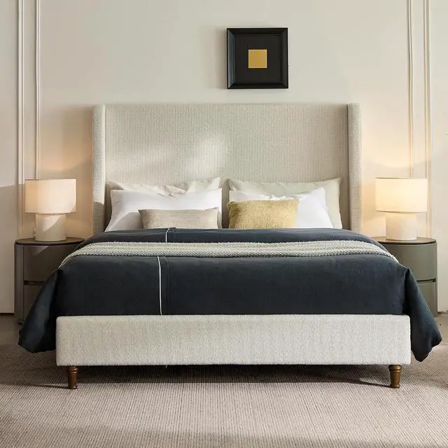 Main image of Tall Headboard Queen Bed Frame, Boucle Upholstered Bed with 54" High Headboard, Luxury Double Bed with Strong Wooden Slats, No Box Spring Needed, Easy Assembly, Cream White