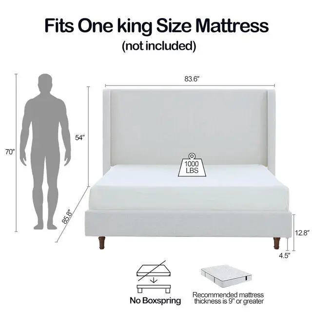 Alt view image 2 of 7 - Tall Headboard Queen Bed Frame, Boucle Upholstered Bed with 54" High Headboard, Luxury Double Bed with Strong Wooden Slats, No Box Spring Needed, Easy Assembly, Cream White