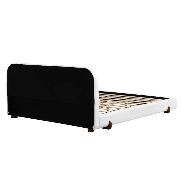 Alt view image 7 of 7 - California King Bed with Oversized Bed Frame, Chenille Upholstered Bedframe with Stylish Solid Wood Legs, Luxury Double Bed with 12 Wooden Slats, Cushioned Bedroom Furniture, Noise-free, White