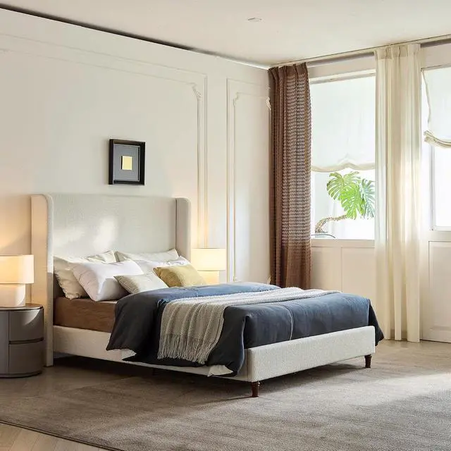 Alt view image 3 of 7 - Tall Headboard Queen Bed Frame, Boucle Upholstered Bed with 54" High Headboard, Luxury Double Bed with Strong Wooden Slats, No Box Spring Needed, Easy Assembly, Cream White