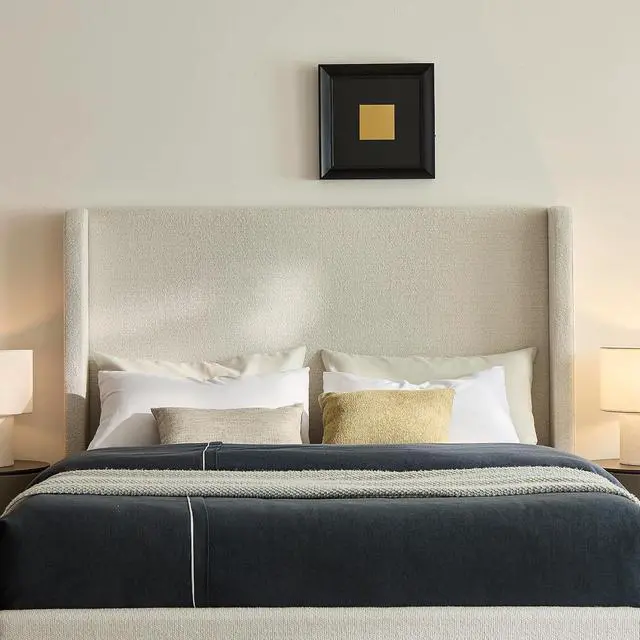 Alt view image 4 of 7 - Tall Headboard Queen Bed Frame, Boucle Upholstered Bed with 54" High Headboard, Luxury Double Bed with Strong Wooden Slats, No Box Spring Needed, Easy Assembly, Cream White