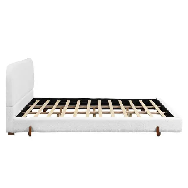 Alt view image 6 of 7 - California King Bed with Oversized Bed Frame, Chenille Upholstered Bedframe with Stylish Solid Wood Legs, Luxury Double Bed with 12 Wooden Slats, Cushioned Bedroom Furniture, Noise-free, White