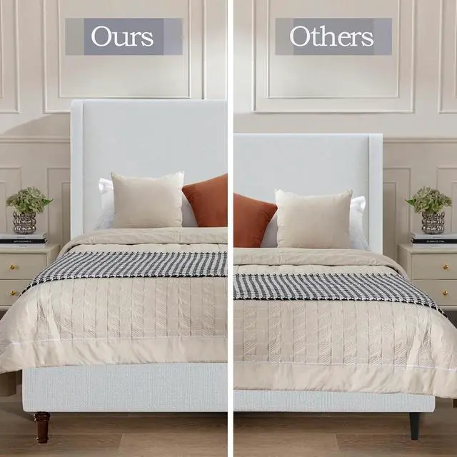 Alt view image 7 of 7 - Tall Headboard Queen Bed Frame, Boucle Upholstered Bed with 54" High Headboard, Luxury Double Bed with Strong Wooden Slats, No Box Spring Needed, Easy Assembly, Cream White