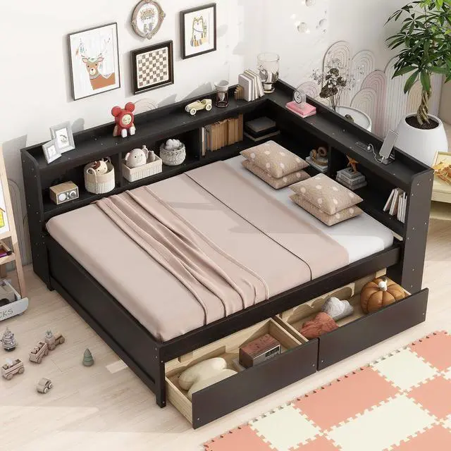 Main image of Full Size L Shaped Daybed with Storage, Corner Day Bed with Drawers, Multi-Functional Full Bookcase Bed with Power Outlets, USB Charging Ports, for Adults and Kids Bedroom, Espresso
