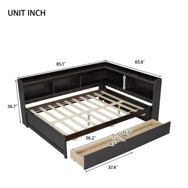 Alt view image 2 of 7 - Full Size L Shaped Daybed with Storage, Corner Day Bed with Drawers, Multi-Functional Full Bookcase Bed with Power Outlets, USB Charging Ports, for Adults and Kids Bedroom, Espresso