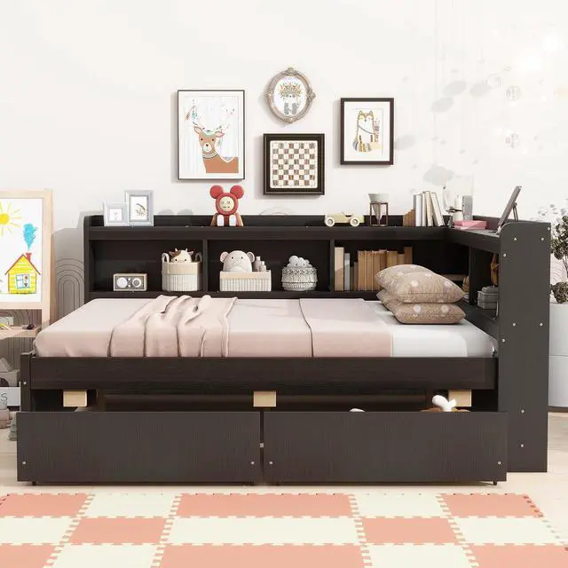 Alt view image 3 of 7 - Full Size L Shaped Daybed with Storage, Corner Day Bed with Drawers, Multi-Functional Full Bookcase Bed with Power Outlets, USB Charging Ports, for Adults and Kids Bedroom, Espresso