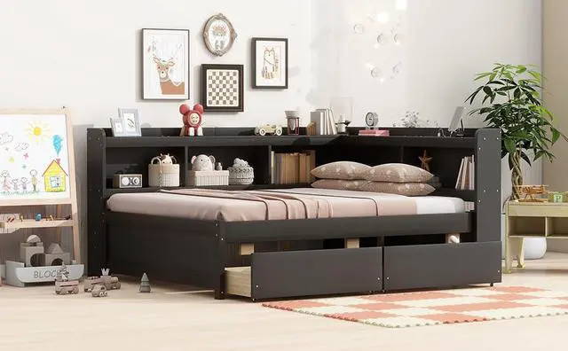 Alt view image 7 of 7 - Full Size L Shaped Daybed with Storage, Corner Day Bed with Drawers, Multi-Functional Full Bookcase Bed with Power Outlets, USB Charging Ports, for Adults and Kids Bedroom, Espresso