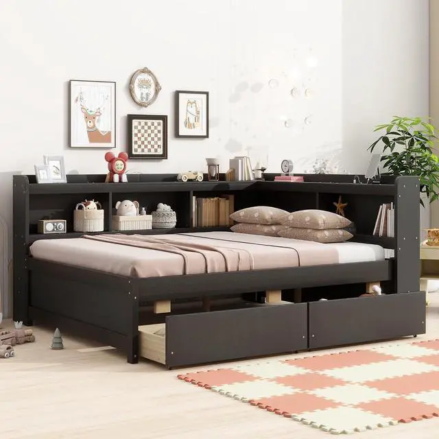 Alt view image 4 of 7 - Full Size L Shaped Daybed with Storage, Corner Day Bed with Drawers, Multi-Functional Full Bookcase Bed with Power Outlets, USB Charging Ports, for Adults and Kids Bedroom, Espresso