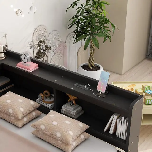 Alt view image 5 of 7 - Full Size L Shaped Daybed with Storage, Corner Day Bed with Drawers, Multi-Functional Full Bookcase Bed with Power Outlets, USB Charging Ports, for Adults and Kids Bedroom, Espresso