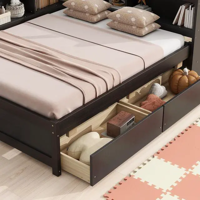 Alt view image 6 of 7 - Full Size L Shaped Daybed with Storage, Corner Day Bed with Drawers, Multi-Functional Full Bookcase Bed with Power Outlets, USB Charging Ports, for Adults and Kids Bedroom, Espresso