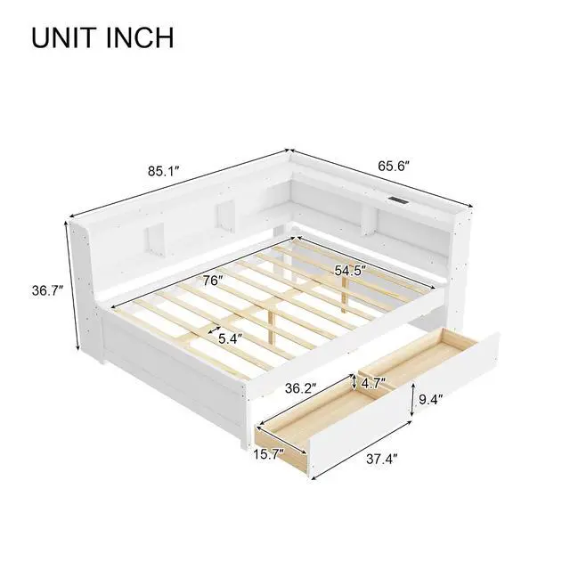Alt view image 2 of 7 - Full Size L Shaped Daybed with Storage, Corner Day Bed with Drawers, Multi-Functional Full Bookcase Bed with Power Outlets, USB Charging Ports, for Adults and Kids Bedroom, White